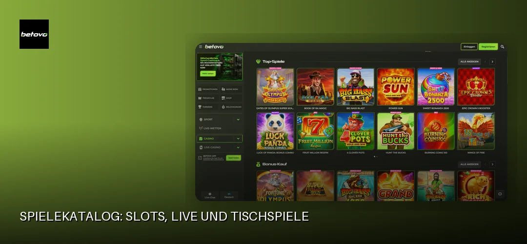 Spielekatalog: Slots, Live und Tischspiele